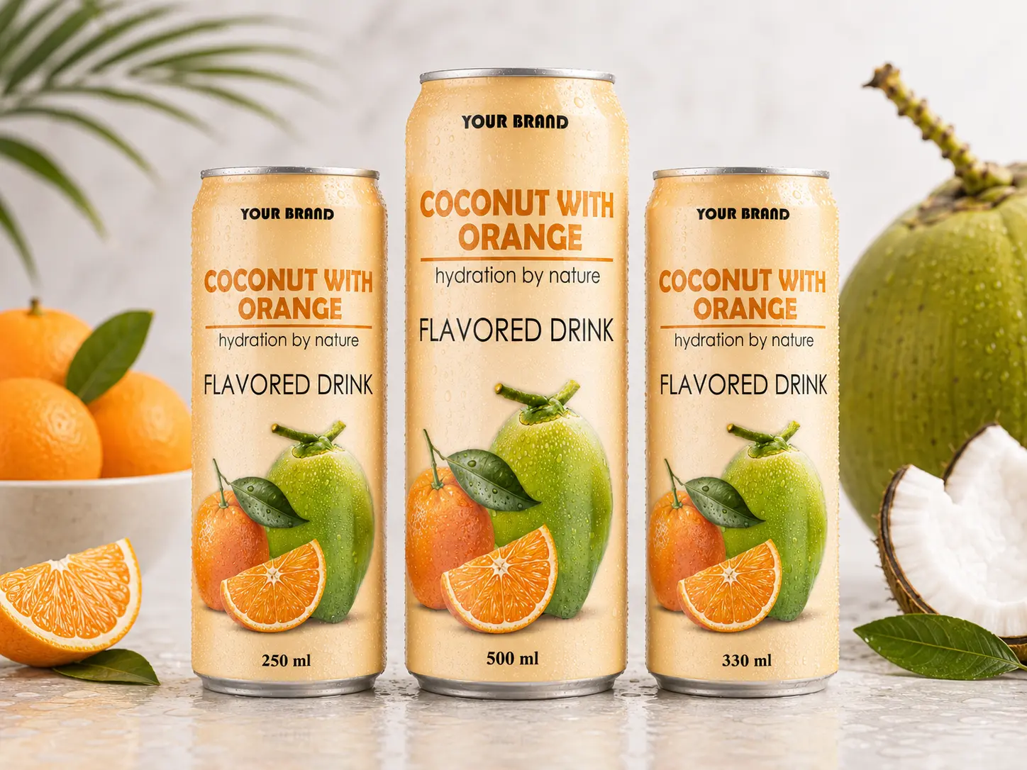 COCONUT FLAVORED DRINK orange flavour shown in 250ml, 500ml, and 330ml cans.